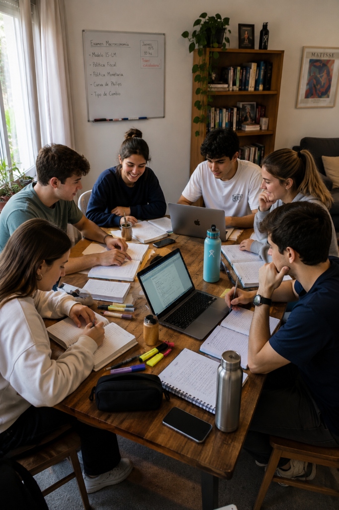 Estudiantes interactuando y estudiando español